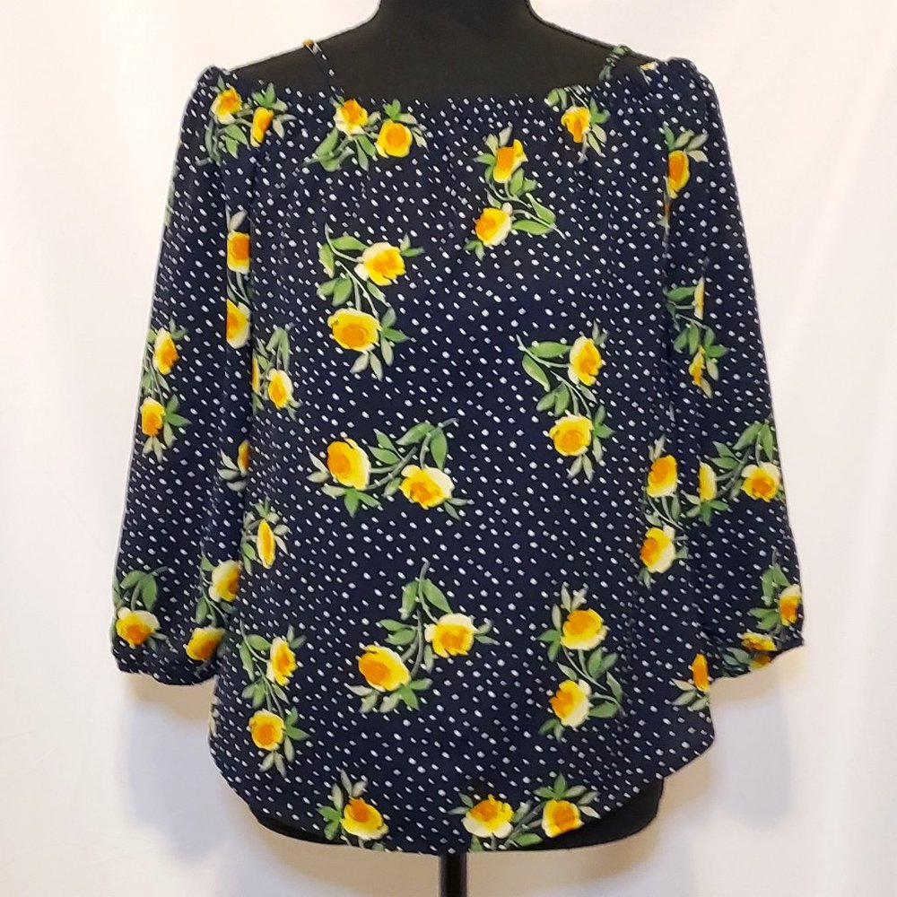 Retro Y2K Off Shoulder Polka Dot Black Floral Summer Boho Blouse - Size Medium